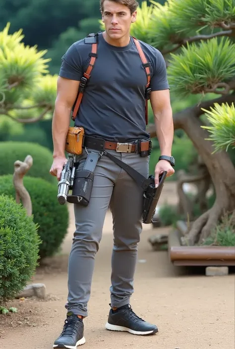 wide shot of rico at 35 years old in a cinematic action pose as a futuristic assassin in a japanese garden