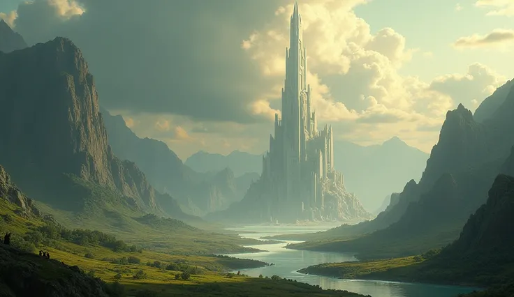 A wide shot of the Valars realm, Aman, with its grand, ethereal landscapes and towering celestial structures.