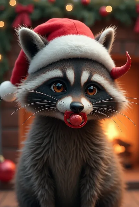 Female raccoon with Christmas hat and pacifier with devils wings and devils horn 