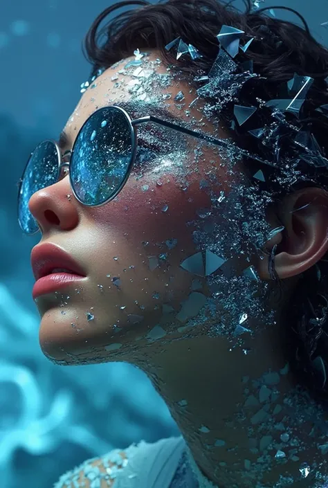 A stunning image of a face made of broken glass ,  each fragment reflecting an alien landscape from another world ,  evoking a sense of cosmic mystery in 3D digital artHe model is wearing glass sunglasses with stars and the moon on the glass