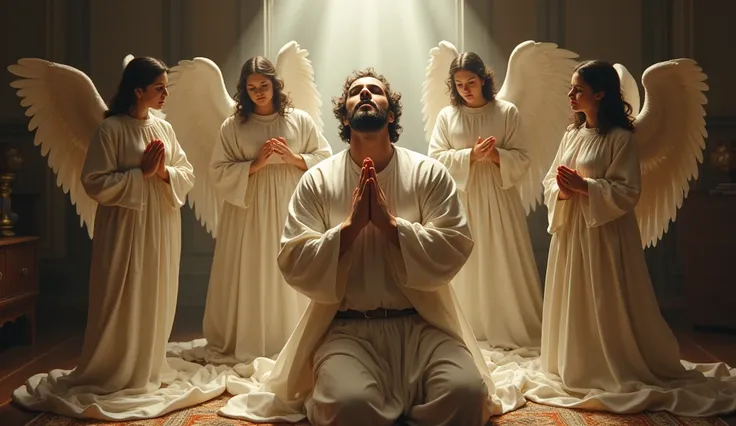  Man praying on his knees in his room (There are angels around him 
