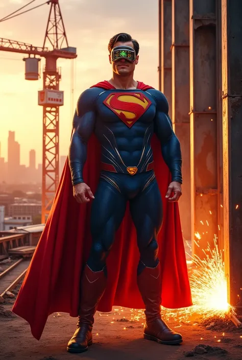 A reimagined Superman, taking a break from saving the world, is depicted as a heroic welder, seamlessly blending his extraordinary powers with a humble, hardworking persona. Superman stands confidently in a vibrant, industrial setting, surrounded by glowin...