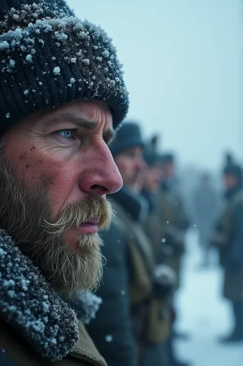 A close-up of a French soldier’s face, covered in frost, his expression one of despair as the brutal Russian winter takes its toll. Behind him, the silhouettes of his fellow soldiers are barely visible in the snowstorm."