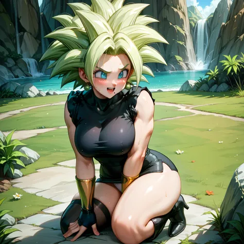 (Black line work )),  detailed line work ,  slender abs, (( Masterpiece)), ((Golden ratio)), ((dynamic)), ((natural)) (( The Best Quality )), (( ultra detailed )), (( kefla dragon ball super )), {1 woman}, { neon green hair }, { super saiyan style}, { Drag...