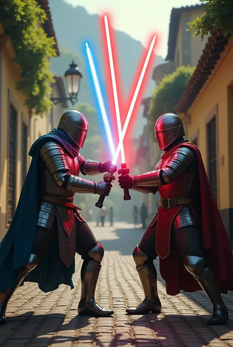  A lightsabre held by a 15th century medieval knight alongside a Prussian soldier with a red light sabre,The background is seventeenth-century Rio de Janeiro  