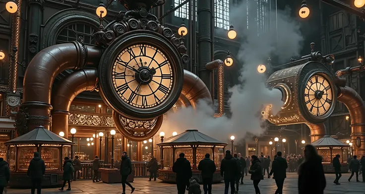 large steampunk urban center ,  with a huge clock connected to copper steam production pipes,  people strolling through the main square , ultra-sharp focus, highly detailed, crisp edges, high-definition texture, clarity across the entire scene