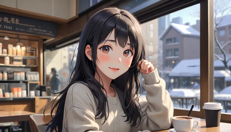  completely use the depiction of Makoto Shinkai,Portrait of Halie Loren,Mature look,Extremely beautiful,28 years old,8k 4k masterpiece photo,Winter view from window , is at Starbucks Coffee,Omotesando,Tokyo, outside is a refreshing morning , and look up yo...