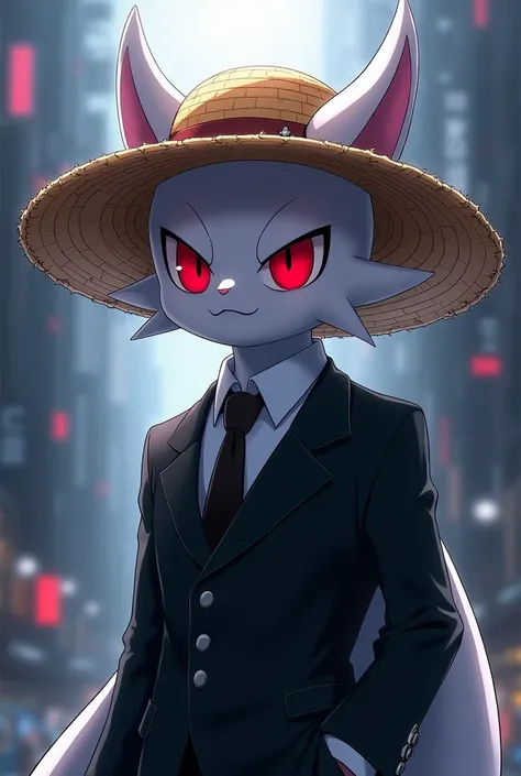  Make a wallpaper from the anime Black Clover,  and that the Pokémon Gengar is white , with red eyes, that he wears a black suit ,  and the straw hat that Luffy wears 