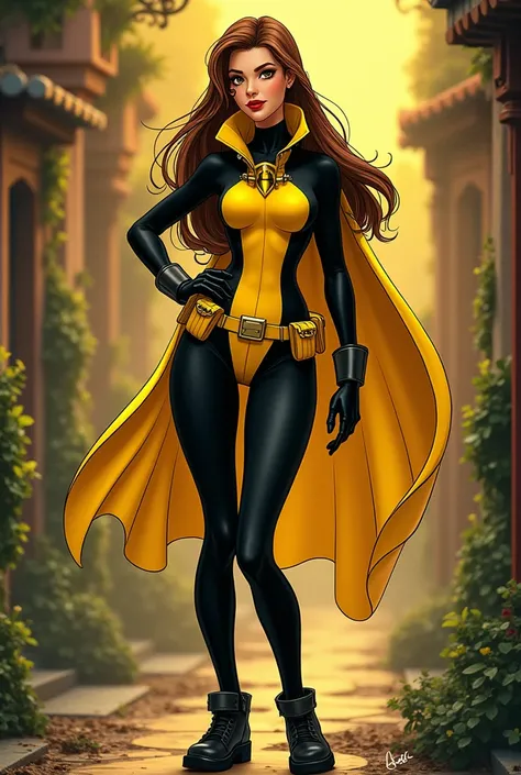 Silk spectre (watchmen) with long brown hair wearing yellow and black collant, black gloves, belt and black boots in disney style 