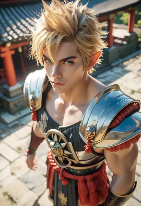 Male samurai, photoreaistic, fair skin, (((short blonde hair))), green eyes, black eyeliner, pointy ears, strong, fit. Wearing full armor (((samurai armor))).  Japanese temple background. Casual pose. High angle view.