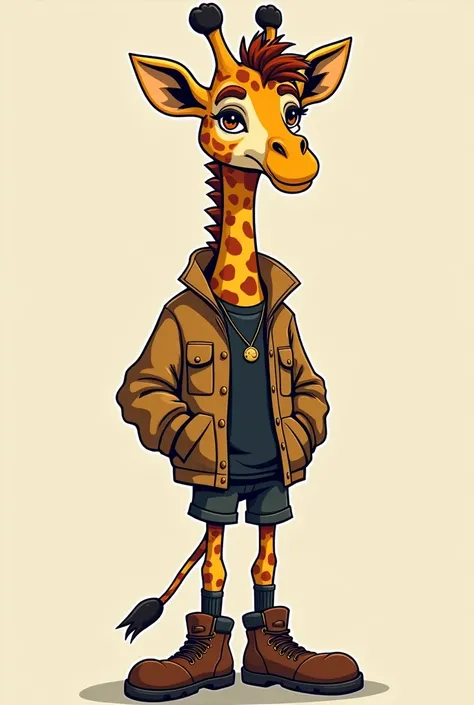 A stylish cartoon giraffe mascot with a streetwear aesthetic. The giraffe rocks brown boots paired with high socks, a worn-out jacket layered over a black shirt, and a confident urban vibe. Its long neck and unique patterns add character, making it both ed...