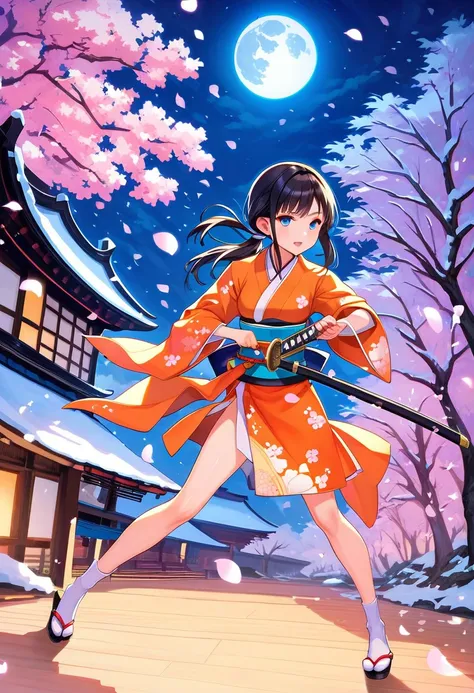 Masterpiece,Best quality, Anime style, Girl, samurai, black hair, low ponytail, swinging a katana, Stylish sword dance, simple Japanese clothes, costume with cherry blossom petal pattern, winter,snowing, night, full moon, powerful concentrated line effects...