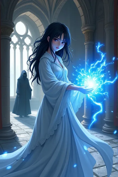 BLACK-EYED BLACK-EYED SORCERESS WITH HAIR TRIMMED BACK WHITE COLOR blue magic tunic in the background the interior of a medieval English castle and A HOODED NINJA ANIME STYLE 