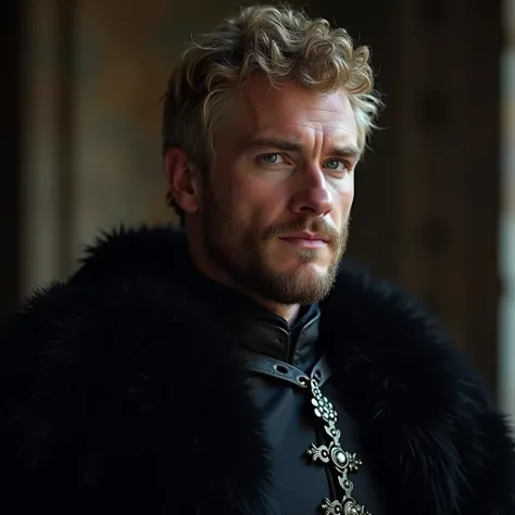 Australian Man Luke Hemsworth 40 years old, short curly hairstyle, blonde hair, dark skin, blue eyes, rectangular defined jaw, 1.85 height, dressed in a medieval prince costume in black, half of the face deformed,Photo global illumination, 4K image, ultra-...