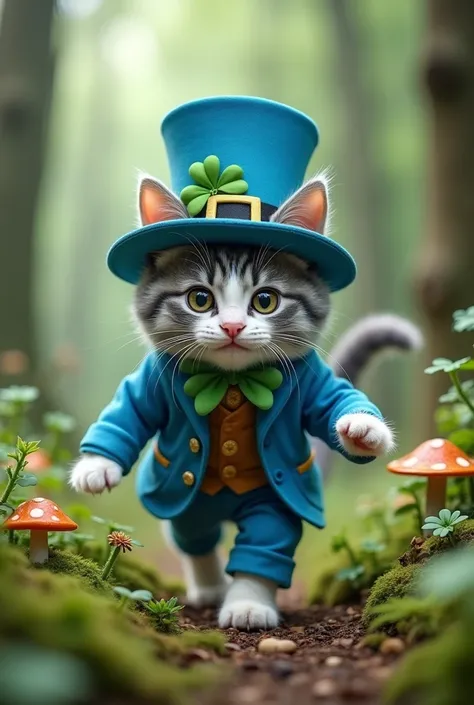 I want a cute gray and white cat dressed as a blue leprechaun in a forest 