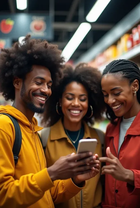 afro amécains, maroccains, blanc hommes et femmes joyeux devant une application mobile de commande de nourriture dans un super marché