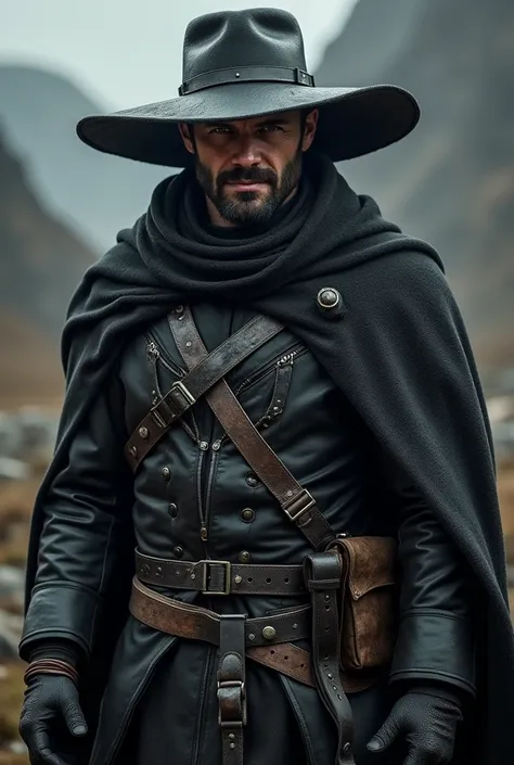 35 year old man, very thin, dressed in black leather combat equipment and with a very large wide-brimmed hat