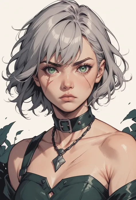 1girl, 1girl,solo,looking at viewer, short hair, bangs, simple background, bare shoulders, jewelry, ,closed mouth, green eyes, white hair, grey hair, medium hair, necklace, collar, scar, black background, portrait,, scar on face, scar across eye, covered c...