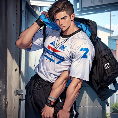 man,  his appearance is inspired by the actor Robbie Amell , He is white,  has blue eyes and straight brown hair ,  your physique is that of a very strong young man , His age is 19 years . Your clothes,  is a dark purple t-shirt ,  a gray sneaker from Adid...