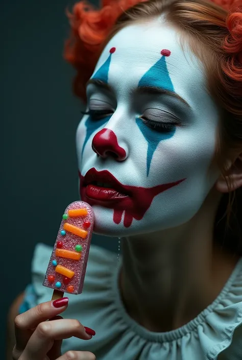 Clown woman with beautiful makeup crying and her tears are candies, popsicles and gummies