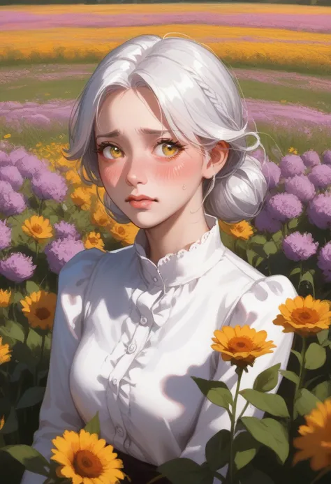  A girl stands in the middle of a flower field. White hair and amber eyes .  pretty girl ,  pale skin , god,  art, Lots of lavender,   Blush on the face,  Entirely in the frame , Blushing, disturbance, Embarrassed, Light blush, Blush on the face, 