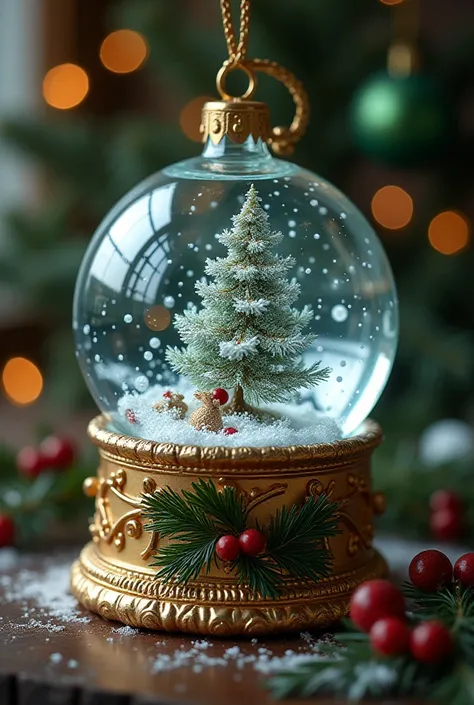 Glass ball, with snowflakes and mistletoe pattern, display in Christmas theme glass and gold box