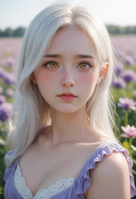  A girl stands in the middle of a flower field. White hair and amber eyes .  pretty girl ,  pale skin , god,  art, Lots of lavender,   Blush on the face,  Entirely in the frame , Blushing, disturbance, Embarrassed, Light blush, Blush on the face, 