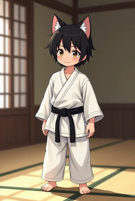 Mid-teen boy、small、black hair、 split in the center 、Cat ears、white karate bodice、Black Belt、 tatami room 