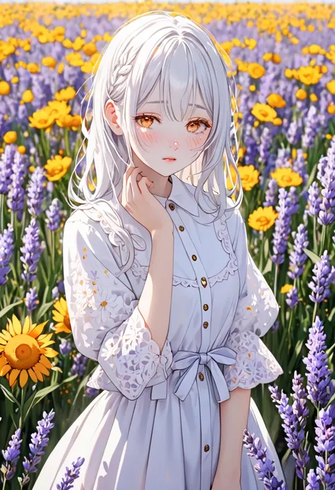  A girl stands in the middle of a flower field. White hair and amber eyes .  pretty girl ,  pale skin , god,  art, Lots of lavender,   Blush on the face,  Entirely in the frame , Blushing, disturbance, Embarrassed, Light blush, Blush on the face, 