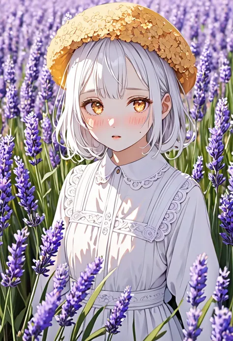  A girl stands in the middle of a flower field. White hair and amber eyes .  pretty girl ,  pale skin , god,  art, Lots of lavender,   Blush on the face,  Entirely in the frame , Blushing, disturbance, Embarrassed, Light blush, Blush on the face, 