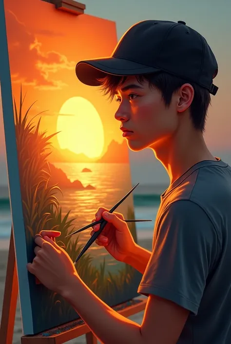 Image of a handsome 23-year-old male artist wearing a black cap painting a picture with a very bright spectacular sun 