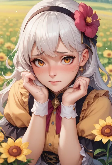  A girl stands in the middle of a flower field. White hair and amber eyes .  pretty girl ,  pale skin , god,  art, Lots of lavender,   Blush on the face,  Entirely in the frame , Blushing, disturbance, Embarrassed, Light blush, Blush on the face, 