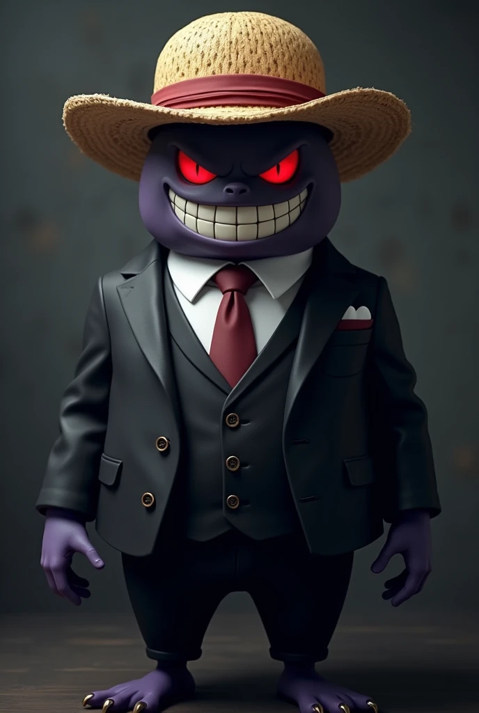 Make the Pokémon Gengar show his smile , Ojos rojos,  in a black suit, , the wine-colored tie and have Luffys straw hat on 