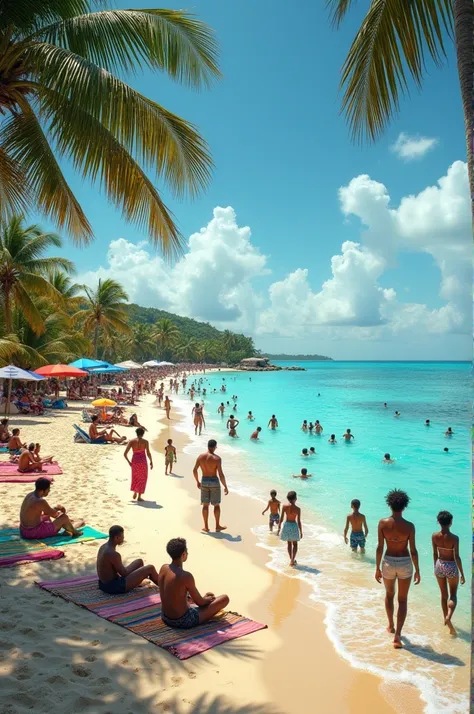 Realistic photo with tourists on Zanzibar beaches 