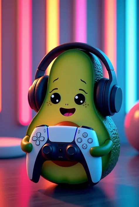 Kawai avocado with headphones on and a PS5 controller in your hand and colored LED lights on the wall 