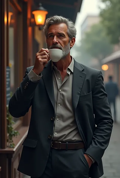 Leon standing drinking coffee 