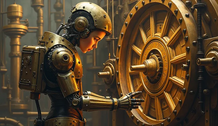 Maximum quality masterpiece, 4k resolution, (best quality, 4k, 8k, high resolution, masterpiece:1.2), super detail, (realistic, photorealistic, photorealistic:1.37), HDR The vivid Steampunk painting features a Steampunk robot boy, focused on repairing a ma...