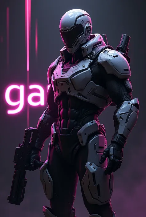 An image of a very flashy and bright male shooter war game character with the word Gaw and the name position is straight to the right side of the image with colors between, blackw,branco e roxo 