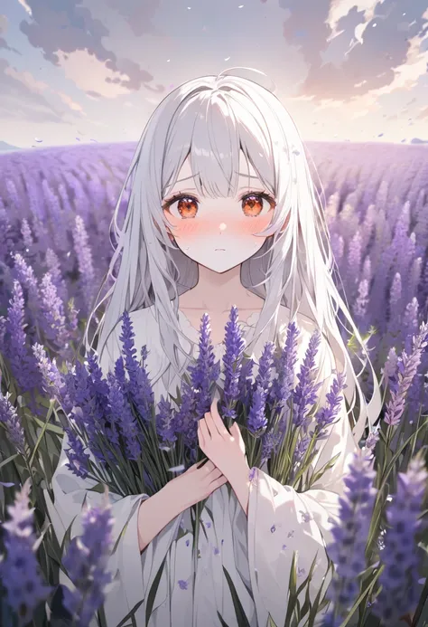  A girl stands in the middle of a flower field. White hair and amber eyes .  pretty girl ,  pale skin , god,  art, Lots of lavender,   Blush on the face,  Entirely in the frame , Blushing, disturbance, Embarrassed, Light blush, Blush on the face, 