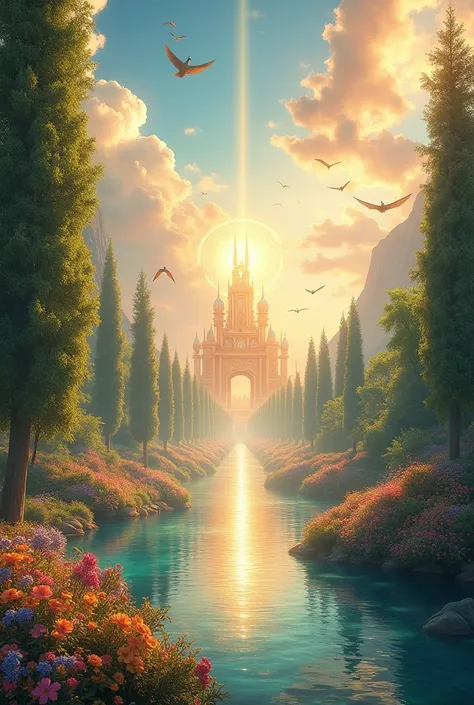 " Create a picture of heaven with the following details :  beautiful garden full of colorful flowers ,  a clear river flows between majestic trees with leaves lustrous leaves,  golden path to the magnificent palace softly glowing .  The sky is brightly col...