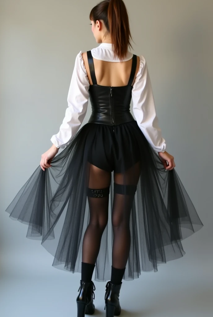 A girl with her hair tied in a ponytail , black high waist shorts , low bust uncovered black chest corset fastened with shoulder straps,  black pantyhose, black boots, white dress shirt and a black tulle tail up to the feet