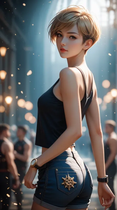 (1girl, anime style, UHD, best quality, depth of field, dramatic light, cinematic, masterpiece:1.5), (adorable mature face, strong expression, statuesque athletic body, short pixie cut hair, thick golden hair, tan skin, radiant skin, detailed skin textures...