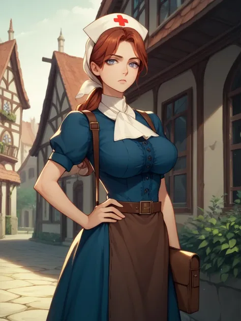 good lighting, masterpiece, good quality, beautiful, 1girl, solo, long auburn hair, ponytail, gray eyes, stern expression, posing, one hand on hips, chaste Victorian era 1840s clothing, nurses outfit, dark blue dress, white apron, white headscarf, brown sa...