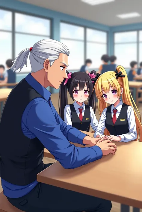 An anime-style illustration of Shugo Masaki, a chuunibyo professor, sitting in a school cafeteria with Haruka and Kaede, his twin students, seen from a wider perspective. Shugo has white hair tied in a short ponytail, light brown skin, and a mature build, ...