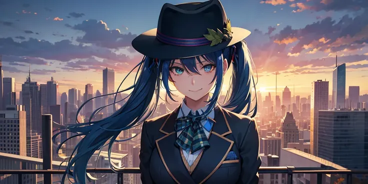 Solo Beautiful Twintail Blue Haired  , Green Eyes Black tweed Blazer ,Chasmere Scarf , Fedora Hat, with smile evil expression character , Focus her Upper Body , positioned on the right side of the image , with Scenery Garden in City Flying Leaves at Sunset...