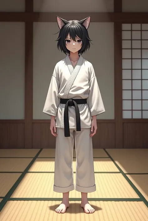 Mid-teen boy、small、vampire、 black hair、 split in the center 、Cat ears、White karate uniform、Black Belt、tatami room 