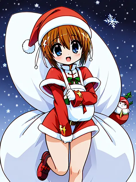 (((Christmas Santa Claus has a Santa hat and costume, Yagami Hayate, and a large white cloth bag)))