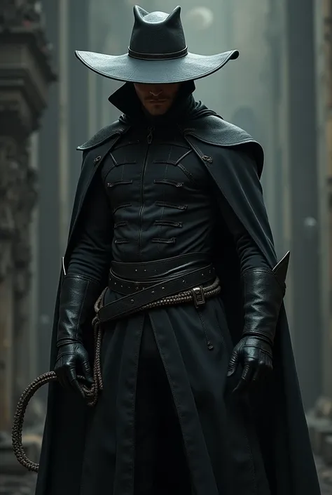 35 year old man, very thin, dressed in black leather combat equipment ,  a whip and with a very large wide-brimmed hat