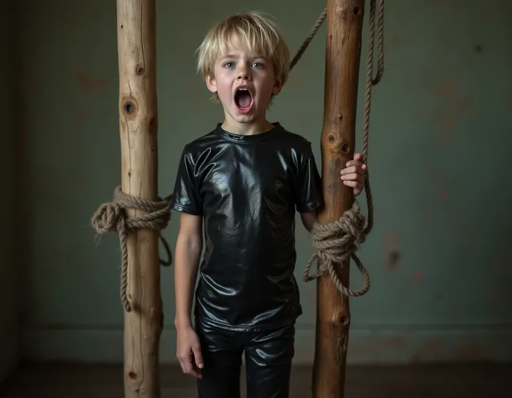  boy,short wet blonde hair,Teenagers uncensored,extremely anorexic,fearful look screams loudly ,Wrapped up in shiny black 4 mm thick chest high latex skinny chest jeans and tight leather harness and the boy is tied with ropes on his hands on a wooden post ...