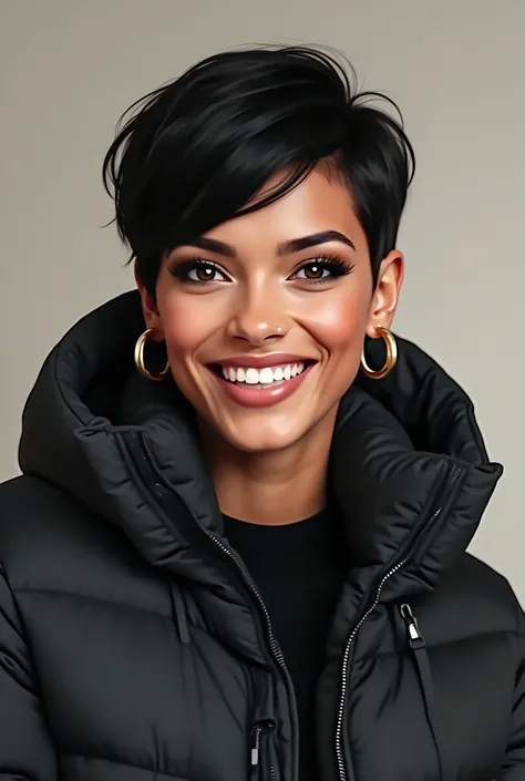  Beautiful Brazilian Women、 black hair、 Hairstyle shortcuts、、Ear piercing、黒い down jacket、smile、 beautiful alignment of teeth、 trainer、 upper body、 Neutral Backgrounds 、 frontal angle

